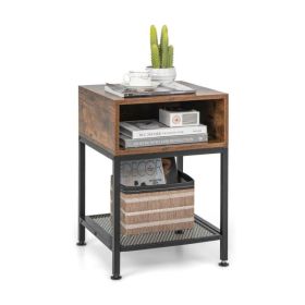 Industrial Style Nightstand with Mesh Shelf for Bedroom