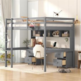 Full Size Loft Bed with Desk, Cabinets, Drawers and Bedside Tray, Charging Station, Gray