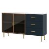 Modern Sideboard MDF Buffet Cabinet Marble Sticker Tabletop and Amber-yellow Tempered Glass Doors with Gold Metal Legs & Handles (Navy Blue)