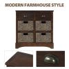 Rustic Storage Cabinet with Two Drawers and Four Classic Rattan Basket for Dining Room/Living Room (Espresso)