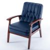 Mid Century Single Armchair Sofa Accent Chair Retro Modern Solid Wood Armrest Accent Chair, Fabric Upholstered Wooden Lounge Chair Navy