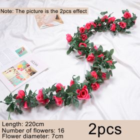 2pcs Fake Rose Vine Flowers Garland Plant Artificial Flower Wall Hanging Flower Rattan Fake Plant Leaf Wedding Home Garden Decor (Ships From: CN, Color: rose red)